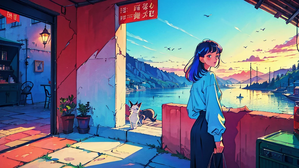 cute、Retro、Landscape、View your viewers、One beautiful girl、Rainbow Hair、Nostalgic、Cat on background