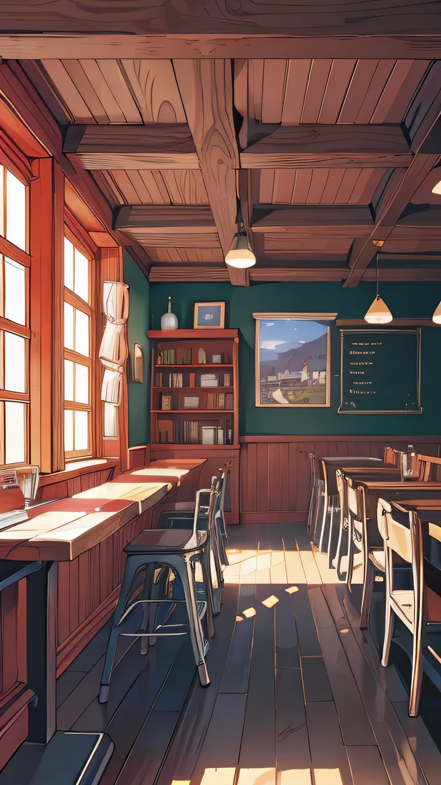 No person，Thick lines，Tavern，wood decoration，building interior，Simple color blocks，thick border