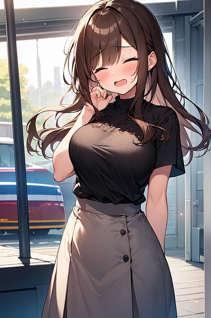 (Masterpiece, Top quality: 1.5) ,(1 girl, solo :1.2),  (large breasts:1.4), (cute design short-sleeved shirt, midi skirt:1.4), standard weight, (brown hair:1.4), (airy hair, wavy hair:1.3), long hair ,asymmetry bangs, swept bangs, 12 year old, smile:1.2, (flustered:1.4), beautiful scene of station platform, dynamic pose, magnificent panorama view, wet:1.1, closed eyes, open mouth