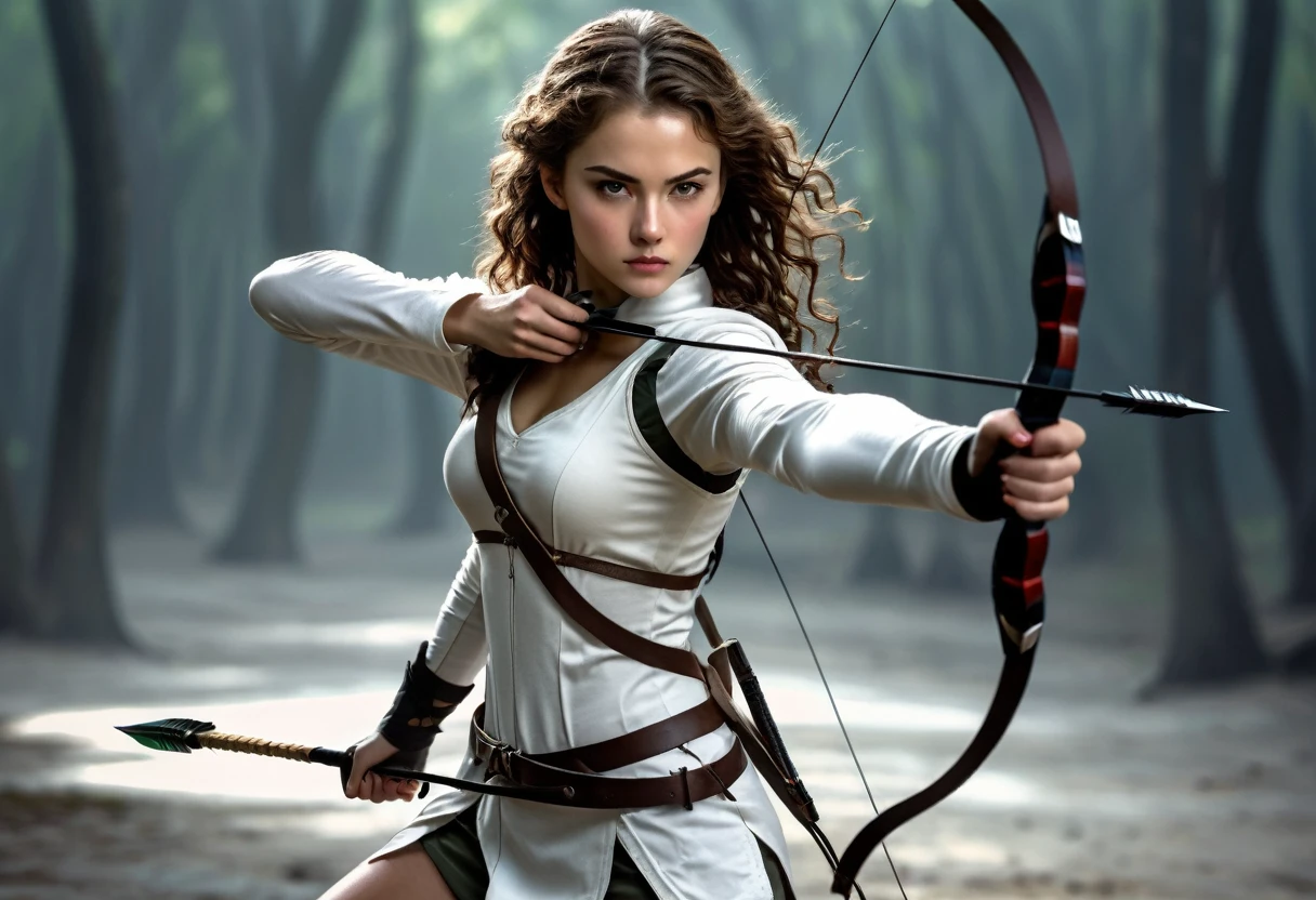 Young woman, slender, strong, beautiful and intelligent. She wears a light combat outfit, she has a long knife tied to her belt. She has a determined look and she curls an arc ready to shoot an arrow. [Arc good qualities and realistic]