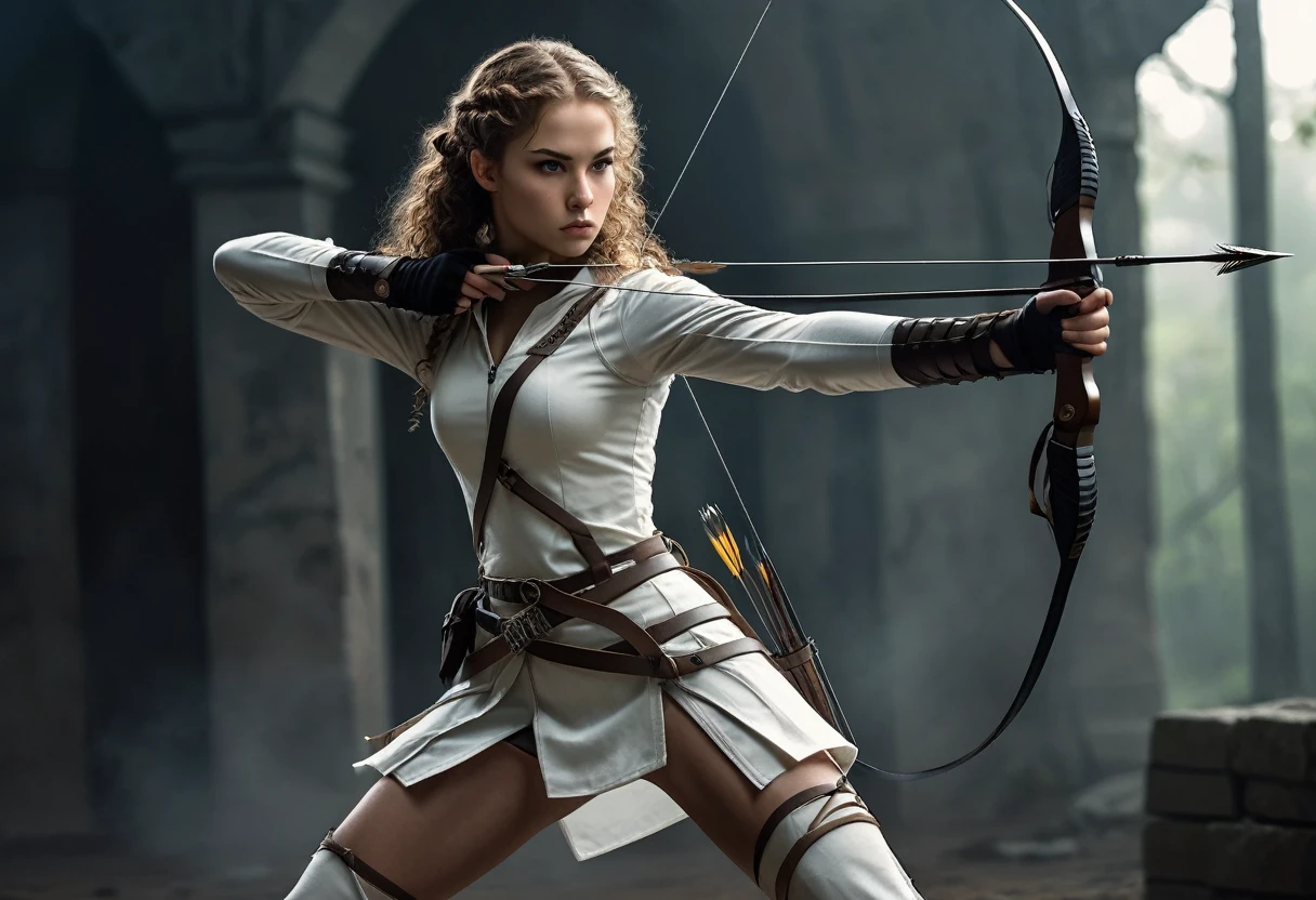Young woman, slender, strong, beautiful and intelligent. She wears a light combat outfit, she has a long knife tied to her belt. She has a determined look and she curls an arc ready to shoot an arrow. [Arc good qualities and realistic]