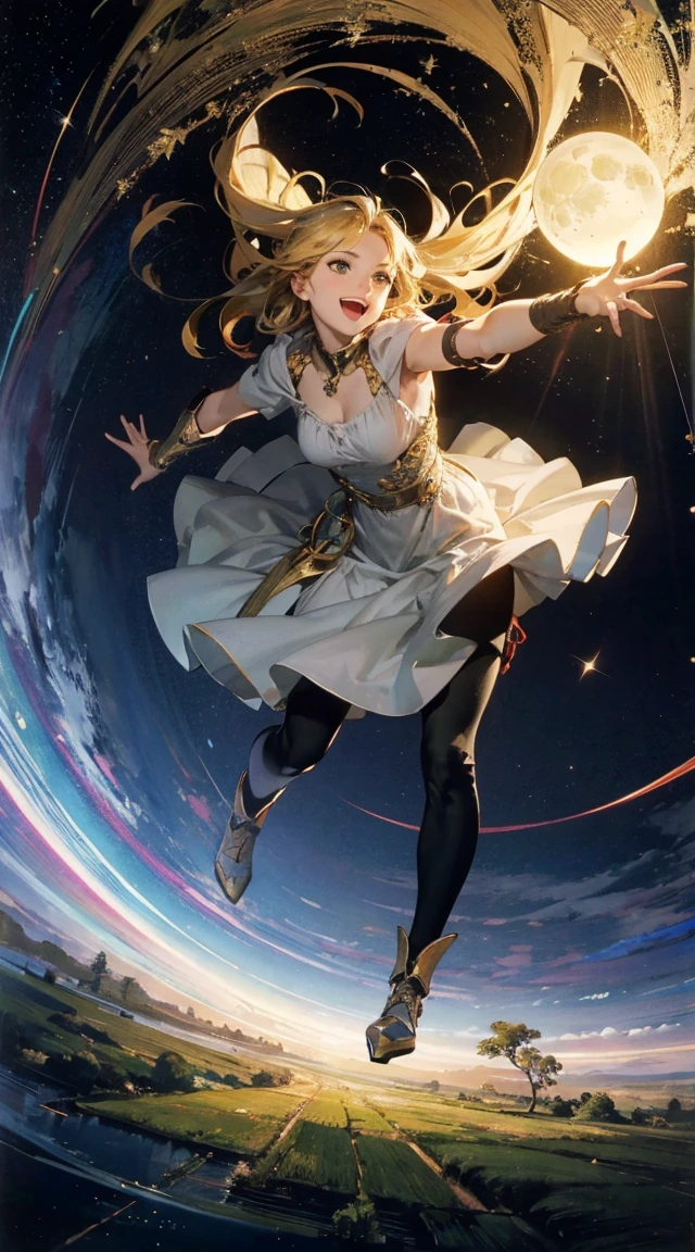 absurd res, high res, (masterpiece:1.4), ultra-detailed, 1girl, from above, space, floating gopro shot of the hell, gopro photo, shot with a gopro, extreme low angle shot, flying towards the camera, gopro shot, high quality action photography, low - angle go - pro view masterpiece, realistic, 8k, (1woman:1.3), european, hazelnut green eyes, white shirt, (blonde hair:1.1) , short-cut,(buzz-cut:1.1),1girl in,((:D))、Obra maestra, La mejor calidad, Lucha por la nube, Armadura de hombro, cuello de tortuga sin mangas, tirantes, beltt, pantalones holgados, Guantes, Bracer, Botas, sentada, molino de viento, Cielo, nubes, god rays, UHD, masterpiece, ccurate, anatomically correct, super detail, award winning, best quality, high details, high quality,A fractal art representation of a woman in a sophisticated suit, holding a crescent moon in one hand and a radiant sun in the other, all rendered in the intricate, repeating patterns characteristic of fractal art. The scene is set against a backdrop of night, yet the fractal patterns create a mesmerizing blend of light and darkness, moonlight and sunlight. The woman's figure and the celestial bodies she holds are composed of countless smaller, self-similar shapes, creating a complex and captivating visual. The fractal patterns extend into the background, suggesting a garden or forest clearing, but with the trees and foliage also formed by the mesmerizing fractal designs. The overall effect is one of stunning complexity and beauty, with the fractal art adding a magical and surreal quality to the scene.beautiful fingers,beautiful hands,fingertip,nail,arms behind ba