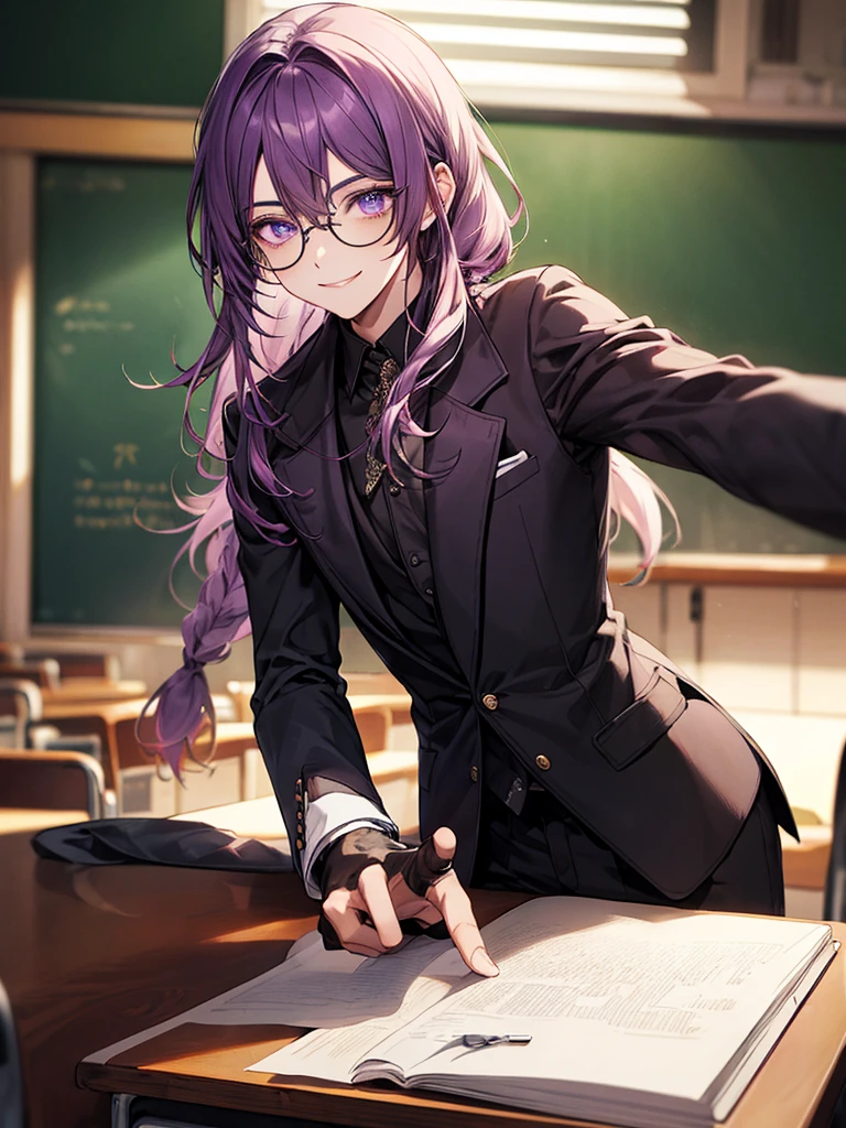 men's,single braid hair,violet colored hair,(Eye 1:2,Clear eyes,Elaborate Eyes,Delicate pupils,Good eyes,eye detailed),Face Focus,Adult,In black suit,best qualtiy,facial detailing,pointing at front, Classroom,sit on desk,sitting in the couch,lazy,Detailed background,diffuse sunlight,depth of fields,Studying Smiling at your desk, violet eyes,black gloves, round glasses, long sleeves,violet hair, smile,