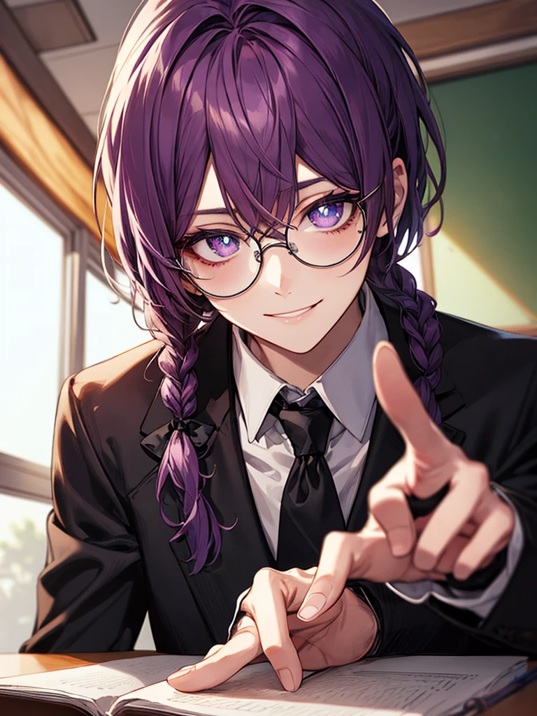 men's,single braid hair,violet colored hair,(Eye 1:2,Clear eyes,Elaborate Eyes,Delicate pupils,Good eyes,eye detailed),Face Focus,Adult,In black suit,best qualtiy,facial detailing,pointing at front, Classroom,sit on desk,sitting in the couch,lazy,Detailed background,diffuse sunlight,depth of fields,Studying Smiling at your desk, violet eyes,black gloves, round glasses, long sleeves,violet hair, smile,