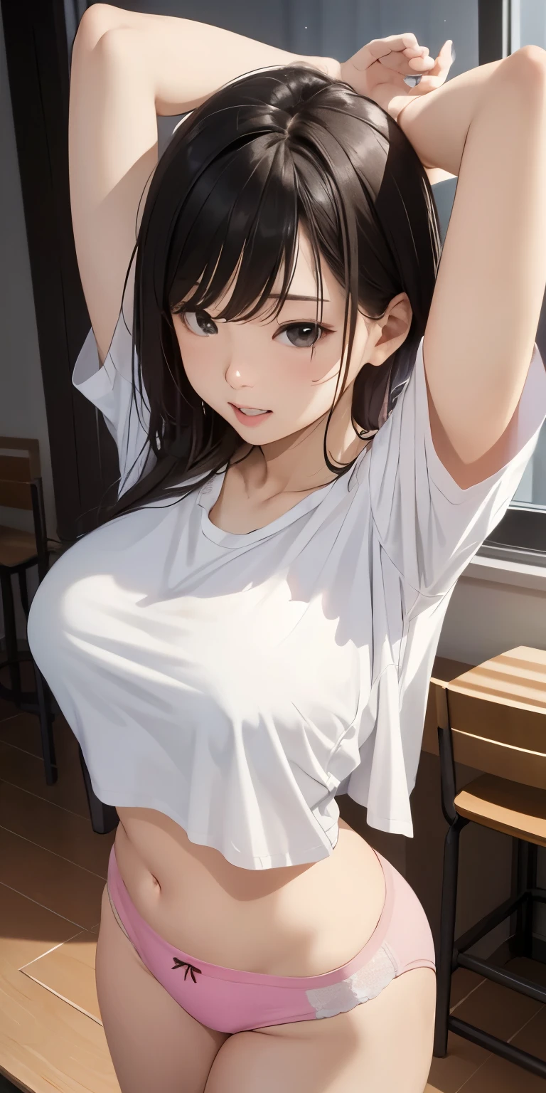 Backward view、Stretch your hips and stick your butt out、Butt Emphasis、Eat soft serve ice cream、Realistically、(18-year-old female)、Wearing a T-shirt,Face Enhancement,Big Breasts,Accentuate your cleavage,Looking up from below,blush,moist pink lips,sexy,Besit,Please open your mouth wide、Place your arms behind your head、Wear underwear
