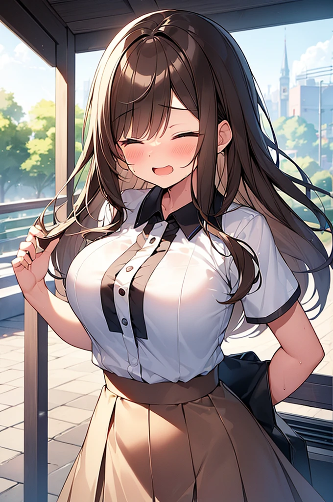 (Masterpiece, Top quality: 1.5) ,(1 girl, solo :1.2),  (large breasts:1.4), (cute design short-sleeved shirt, midi skirt:1.4), standard weight, (brown hair:1.4), (airy hair, wavy hair:1.3), long hair ,asymmetry bangs, swept bangs, 12 year old, smile:1.2, (flustered:1.4), beautiful scene of station platform, dynamic pose, magnificent panorama view, wet:1.1, closed eyes, open mouth