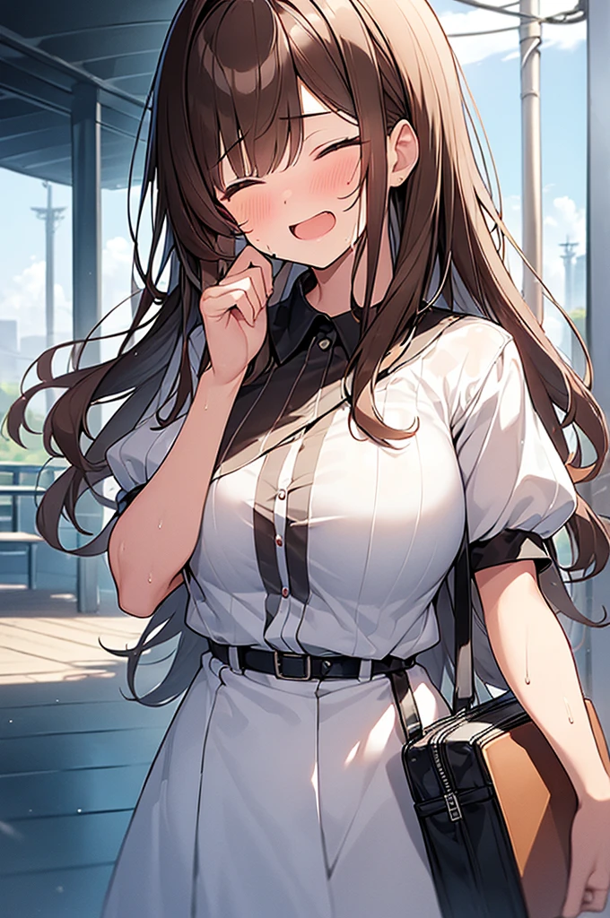 (Masterpiece, Top quality: 1.5) ,(1 girl, solo :1.2),  (large breasts:1.4), (cute design short-sleeved shirt, midi skirt:1.4), standard weight, (brown hair:1.4), (airy hair, wavy hair:1.3), long hair ,asymmetry bangs, swept bangs, 12 year old, smile:1.2, (flustered:1.4), beautiful scene of station platform, dynamic pose, magnificent panorama view, wet:1.1, closed eyes, open mouth