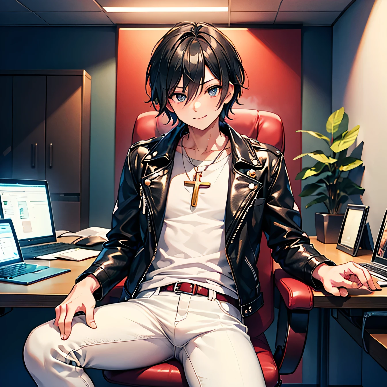 Anime art style,Highest quality,High resolution,Anatomically correct,One Man,Twenty generations,good looking,Spiky hair,Black Hair,Gentle smile,A rich expression,Black leather jacket,Red underwear,White trousers,Office,Sit on a chair and cross your legs,Eyes drawn in detail,8k