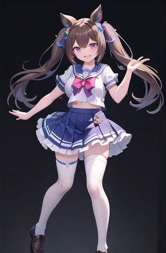 Absurd, High resolution, Super detailed, smile,Open your mouth,Are standing, View your viewers,vestige , Summer uniform, Seraphim, puffy short sleeve, bow tie, Horseshoe ornament, Sailor collar, Sailor shirt, Frills, White Skirt, Purple Shirt, mini skirt, zettai ryouiki, White knee socks, Brown footwear, shoes,Byblos \(umamusume\),Twin tails, Brown Hair, Long Hair, Have,Large Breasts, Purple eyes, Multicolored Hair, earrings, Hair Ribbon,