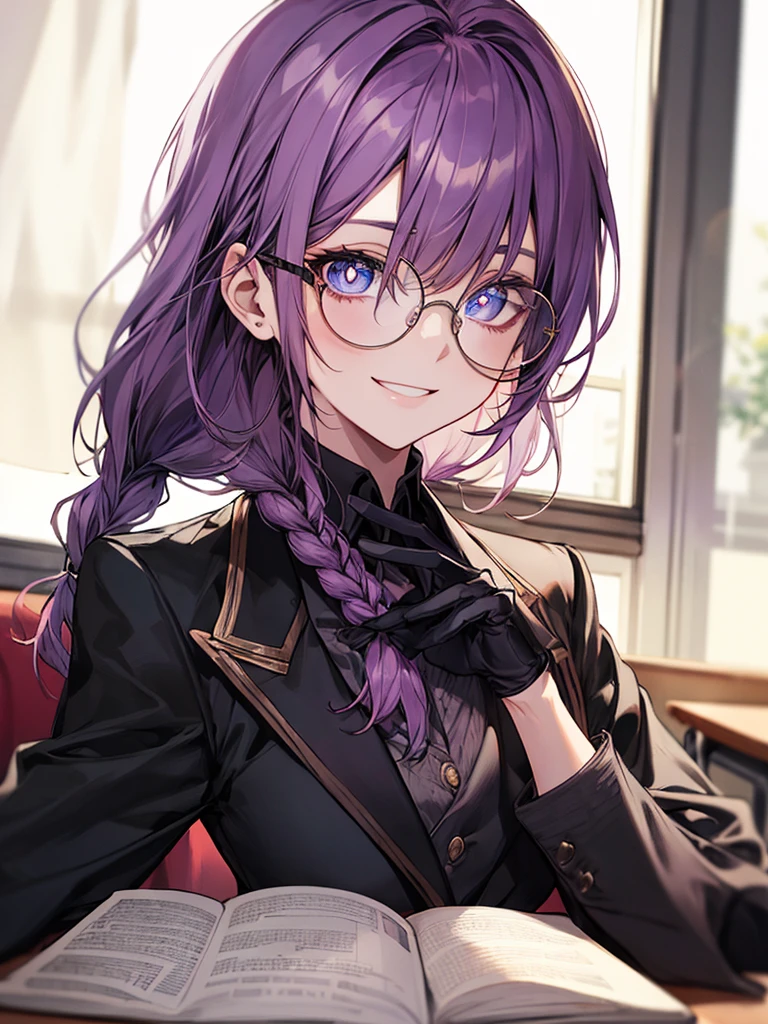 men's,single braid hair,violet colored hair,(Eye 1:2,Clear eyes,Elaborate Eyes,Delicate pupils,Good eyes,eye detailed),Face Focus,Adult,In black suit,best qualtiy,facial detailing,Classroom,sit on desk,sitting in the couch,lazy,Detailed background,diffuse sunlight,depth of fields,Studying Smiling at your desk, violet eyes,black gloves, round glasses, long sleeves,violet hair, smile,
