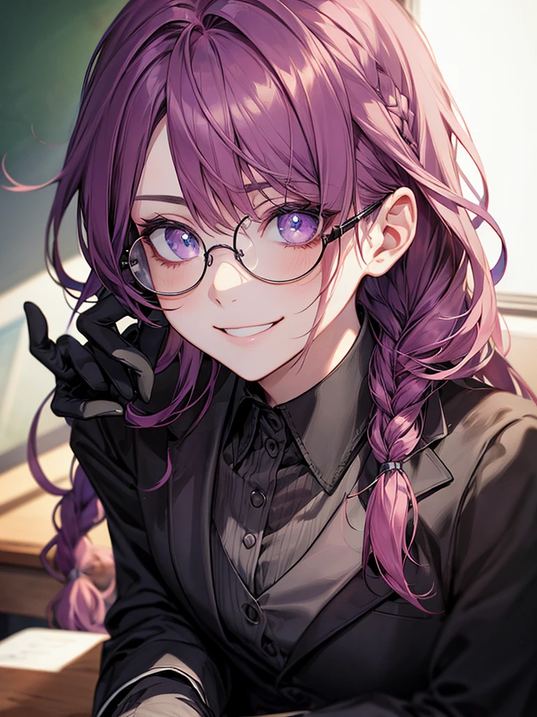 men's,single braid hair,violet colored hair,(Eye 1:2,Clear eyes,Elaborate Eyes,Delicate pupils,Good eyes,eye detailed),Face Focus,Adult,In black suit,best qualtiy,facial detailing,Classroom,sit on desk,sitting in the couch,lazy,Detailed background,diffuse sunlight,depth of fields,Studying Smiling at your desk, violet eyes,black gloves, round glasses, long sleeves,violet hair, smile,
