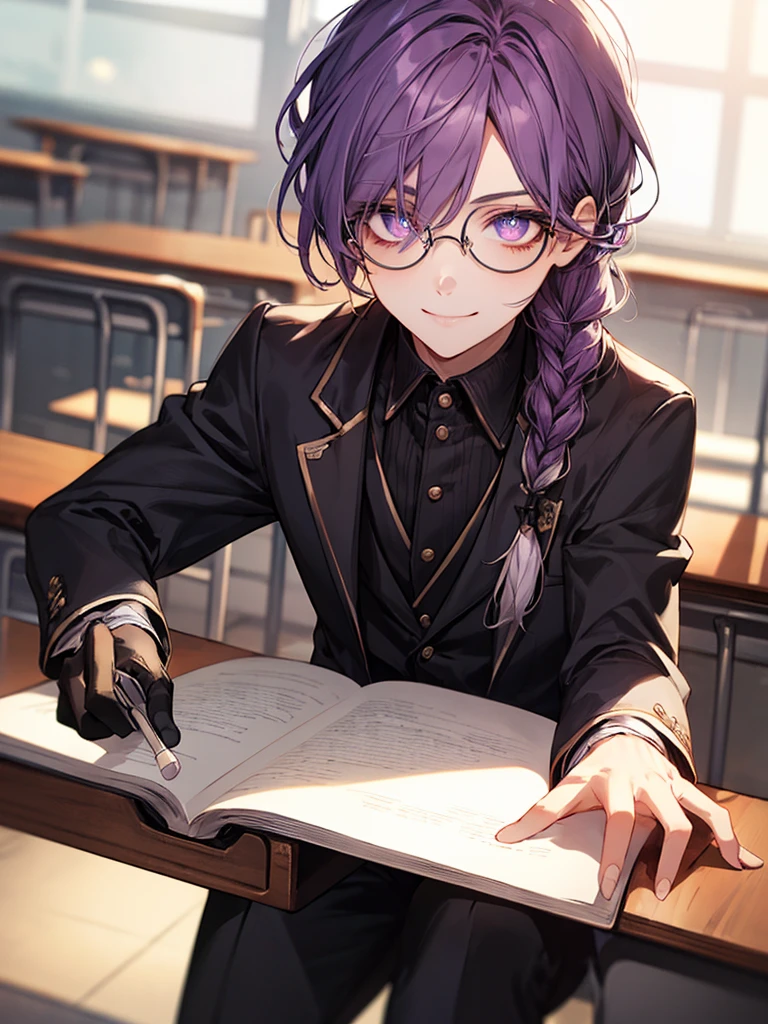 men's,single braid hair,violet colored hair,(Eye 1:2,Clear eyes,Elaborate Eyes,Delicate pupils,Good eyes,eye detailed),Face Focus,Adult,In black suit,best qualtiy,facial detailing,Classroom,sit on desk,sitting in the couch,lazy,Detailed background,diffuse sunlight,depth of fields,Studying Smiling at your desk, violet eyes,black gloves, round glasses, long sleeves,violet hair, smile,