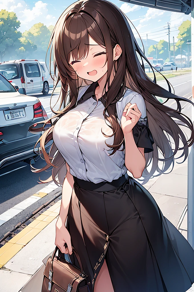 (Masterpiece, Top quality: 1.5) ,(1 girl, solo :1.2), (large breasts:1.4), (cute design short-sleeved shirt, midi skirt:1.4), standard weight, (brown hair:1.4), (airy hair, wavy hair:1.3), long hair ,asymmetry bangs, swept bangs, 12 year old, smile:1.2, (flustered:1.4), beautiful scene of station platform, dynamic pose, magnificent panorama view, wet:1.1, closed eyes, open mouth