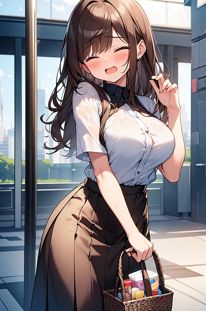 (Masterpiece, Top quality: 1.5) ,(1 girl, solo :1.2),  (large breasts:1.4), (cute design short-sleeved shirt, midi skirt:1.4), standard weight, (brown hair:1.4), (airy hair, wavy hair:1.3), long hair ,asymmetry bangs, swept bangs, 12 year old, smile:1.2, (flustered:1.4), beautiful scene of station platform, dynamic pose, magnificent panorama view, wet:1.1, closed eyes, open mouth