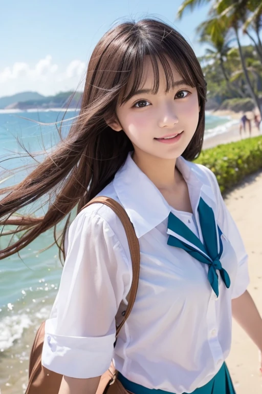 Cute Girls、high school girl、beautiful girl、uniform、See-through、Ocean、Sandy Beach、Fluttering in the wind