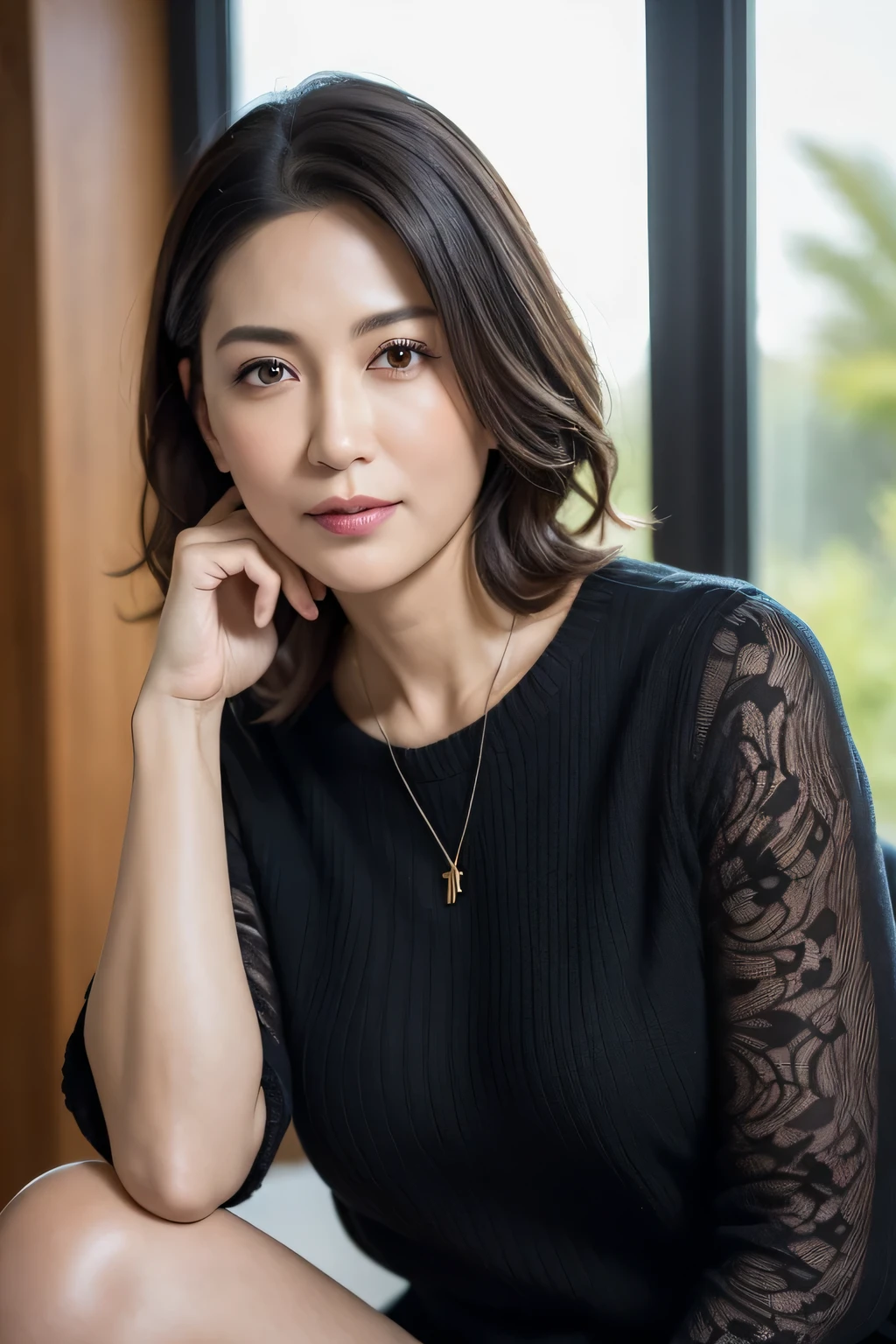 (In 8K, Highest quality, masterpiece:1.2), (Realistic, Photorealistic:1.37), Ultra-detailed, Natural light, , 1 person, 45-year-old woman, Black Hair, pendant, Trendy clothes、Less exposure, Highly detailed face and skin, Detailed eyes, Highly detailed face and skin、Take a full-body photo、color々A pose