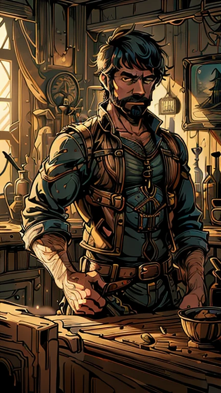 (1man, captain_haddock), (extremely detailed CG unit 8k wallpaper),(master part), (best quality), (ultra detail), (best illustration),(style of Dan Mumford), cowboy shot, (Sharp eyeliner, ombre, detail eyes:1), dark tavern interiors background, ,break , (salvagepirateworld), upper body,