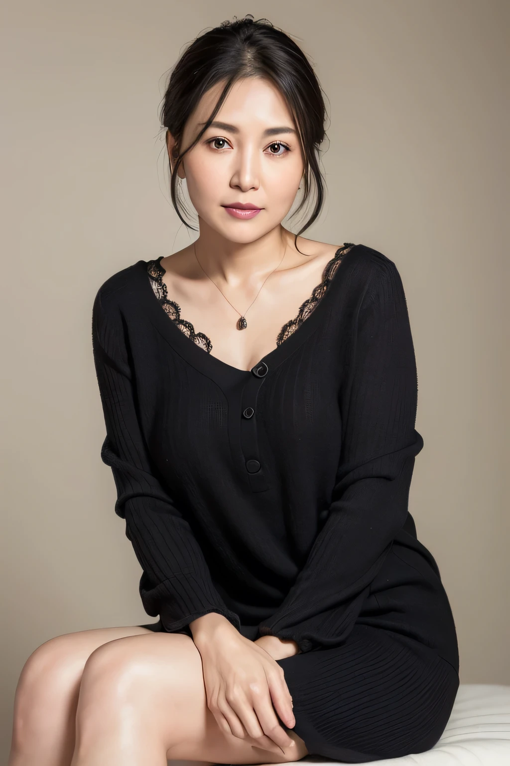 (In 8K, Highest quality, masterpiece:1.2), (Realistic, Photorealistic:1.37), Ultra-detailed, Natural light, , 1 person, 45-year-old woman, Black Hair, pendant, naked, Highly detailed face and skin, Detailed eyes, Highly detailed face and skin、Take a full-body photo、color々A pose