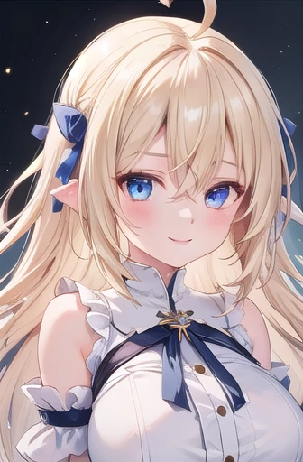 ((masterpiece)),(Highest quality),Official Art,Very delicate and beautiful,Highly detailed CG,unity 8k wallpaper,Super detailed,Beautiful attention to detail,Highly detailed face,Outdoor,One girl,alone,Upper Body,(Portraiture:1.5),View your viewers,In-person audience,smile,Lafilia Merck,Ahoge,Very long hair,Blonde,Hair Ribbon,Blue Ribbon,Single Blade,Hair Ribbon,Blue ribbon,Hair Intake,Floating Hair,Side Lock,Hair between the eyes,bangs,blue eyes,White shirt,Short dress,White Dress,Sleeveless dress,Removable sleeves,Fingerless gloves,Huge breasts,Underbust,zettai ryouiki,Thigh-high boots,White footwear,