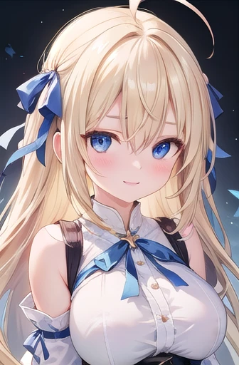 ((masterpiece)),(Highest quality),Official Art,Very delicate and beautiful,Highly detailed CG,unity 8k wallpaper,Super detailed,Beautiful attention to detail,Highly detailed face,Outdoor,One girl,alone,Upper Body,(Portraiture:1.5),View your viewers,In-person audience,smile,Lafilia Merck,Ahoge,Very long hair,Blonde,Hair Ribbon,Blue Ribbon,Single Blade,Hair Ribbon,Blue ribbon,Hair Intake,Floating Hair,Side Lock,Hair between the eyes,bangs,blue eyes,White shirt,Short dress,White Dress,Sleeveless dress,Removable sleeves,Fingerless gloves,Huge breasts,Underbust,zettai ryouiki,Thigh-high boots,White footwear,