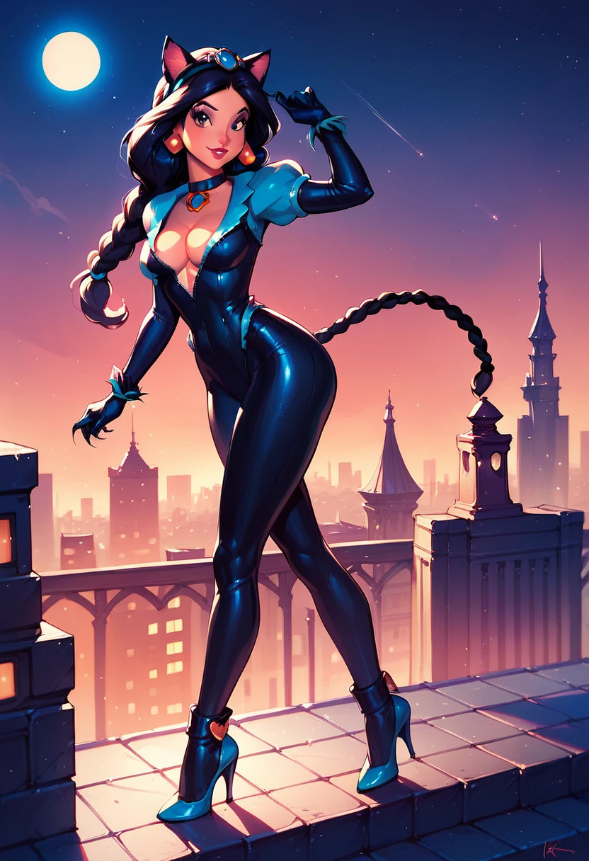 score_9, score_8_up, score_7_up, score_6_up, 1girl, solo, (Disney's Princess Jasmine, black hair, braid:1.3), wearing (Marvel's Black Cat suit, full body suit, cleavage:1.2), (three quartershot:1.1), city rooftop, night, detailed soft lighting.