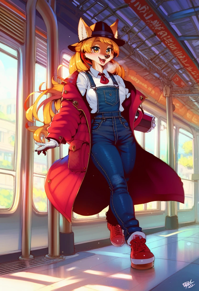 a kemono wolf woman, train driver, long flowing hair, wearing a red train driver's hat, red coat, black overalls, white gloves, black stockings, red shoes, controlling a steam train, happy, highly detailed,HDR, 8k, masterpiece, intricate details, dynamic lighting, vibrant colors, cinematic composition, dramatic atmosphere, train station, detailed facial features, piercing eyes, expressive emotions, striking pose, dynamic action