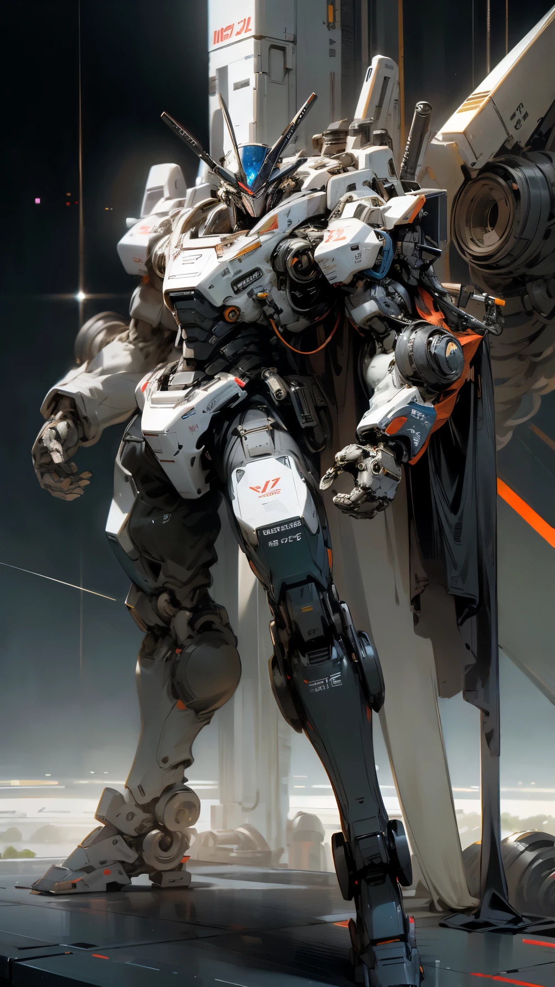 (1 robot、Giant Robot、mecha、massive、huge arms、huge legs、Total length: 28 meters、Precise machine、Fine details、humanoid robot、A bipedal robot、8 heads、In outer space)、Has a laser beam gun、Holding a gun、((32K、Ultra-high resolution、Ultra high definition、super high quality))、Parts Fine details