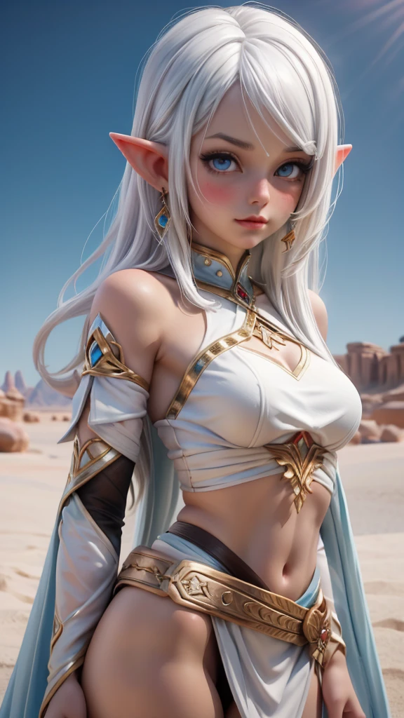 Ariel, upper body portrait, elf, white hair, beautiful, cute arabian clothes, warrior, midriff, fit, white hair, desert background, realistic fantasy ,concept art,Lábios bem definidos