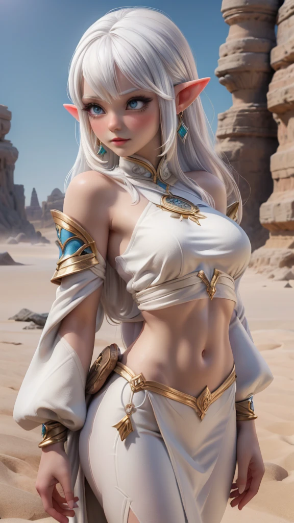 Ariel, upper body portrait, elf, white hair, beautiful, cute arabian clothes, warrior, midriff, fit, white hair, desert background, realistic fantasy ,concept art,Lábios bem definidos