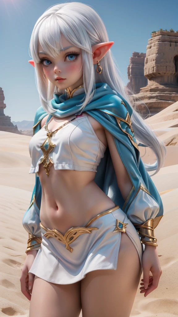 Ariel, upper body portrait, elf, white hair, beautiful, cute arabian clothes, warrior, midriff, fit, white hair,  desert background, realistic fantasy ,concept art,Lábios bem definidos 