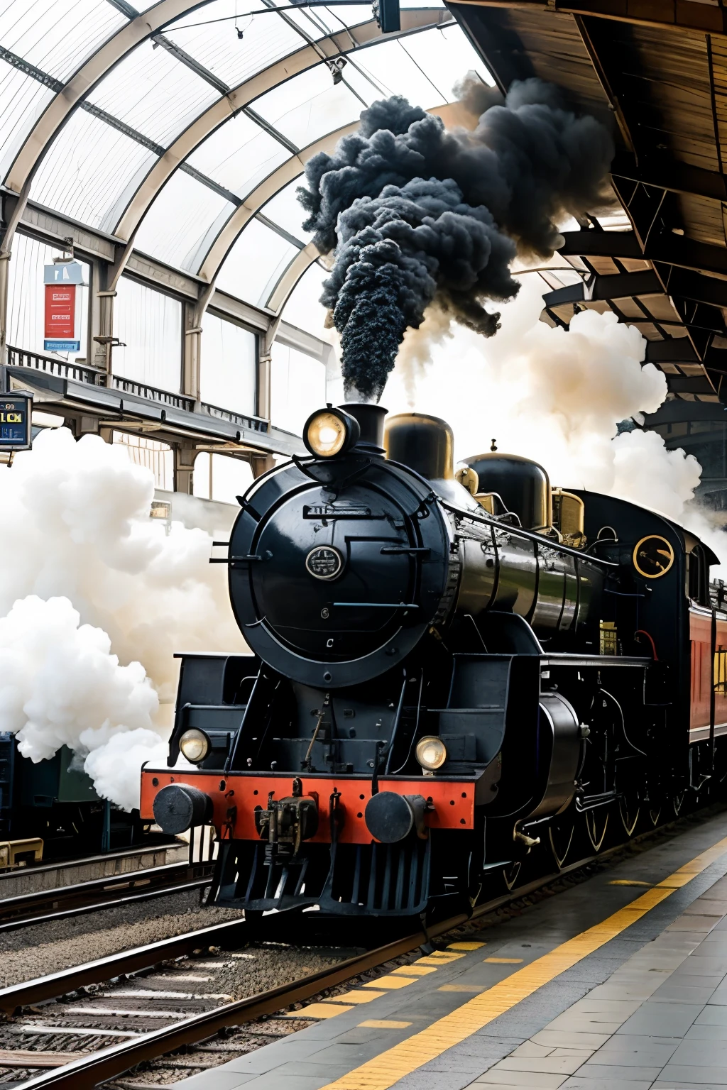 a steam locomotive at full speed passes through a railway station
