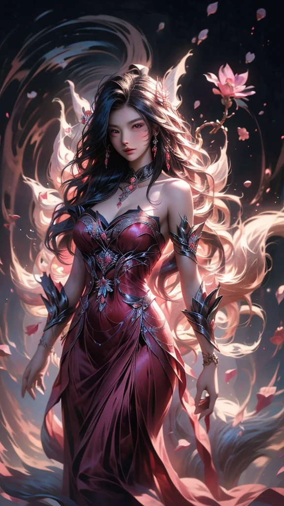 best quality, masterpiece, Ultra-high resolution, (Real photos: 1.4), Sky full of mandala flowers (background), 20 years old, mandala flower fairy (oriental woman), Dark red shawl long hair, Cold eyes, Sexy body, Large Breasts, Wearing a mandala flower strapless dress, Walking among mandala flowers