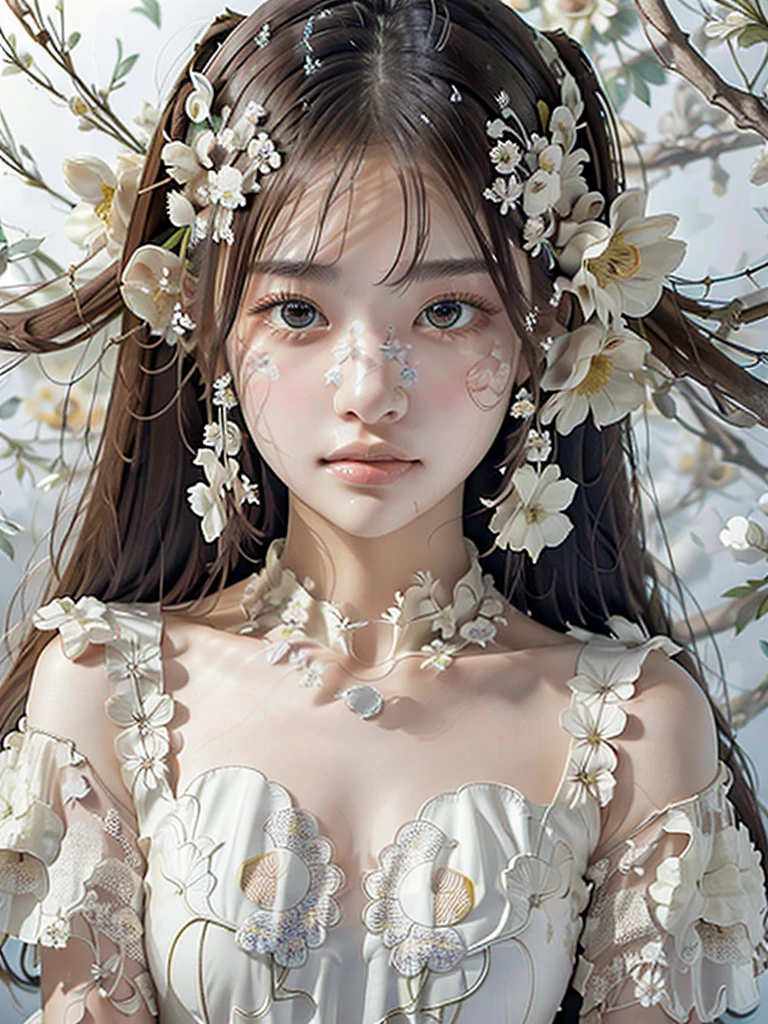 8k,Confused, High resolution, Very detailed, 1 Girl, alone, Very beautiful eyes, Ultra-precise depiction, Very detailed depiction, (Tangled:1.2), , (White high key background:1.5), (((White floral dress:1.5))), See-through、Off the shoulder、Short platinum blonde, (Shiny skin), :1.2),、Flat Body、slim、cute、、Round face、Cast a Shadow、See-through、