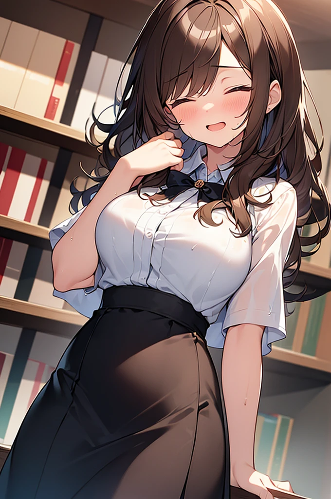(Masterpiece, Top quality: 1.5) ,(1 girl, solo :1.2), (large breasts:1.4), (cute design short-sleeved shirt, midi skirt:1.4), standard weight, (brown hair:1.4), (airy hair, wavy hair:1.3), long hair ,asymmetry bangs, swept bangs, 12 year old, smile:1.2, (flustered:1.4), beautiful scene of library, dynamic pose, magnificent panorama view, wet:1.1, closed eyes, open mouth