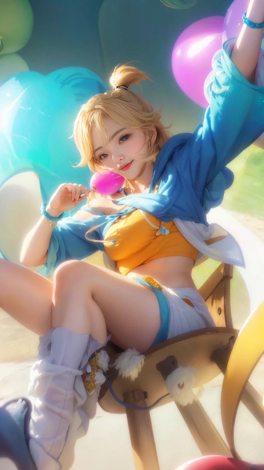 ((top quality, 8k, masterpiece: 1.3)), 1 woman, full body, smiling beautiful girl with many balloons floating in the air, (blonde, twin tails) (big: 1.3, cleavage), cut abs, revealing, colorful clown outfit, ultra detailed face, (detailed eyes, double eyelids, color contacts, eye catch, catch light, long eyelashes), Summarex 85 mm, f / 1.4, ISO 100, Ueno Park,