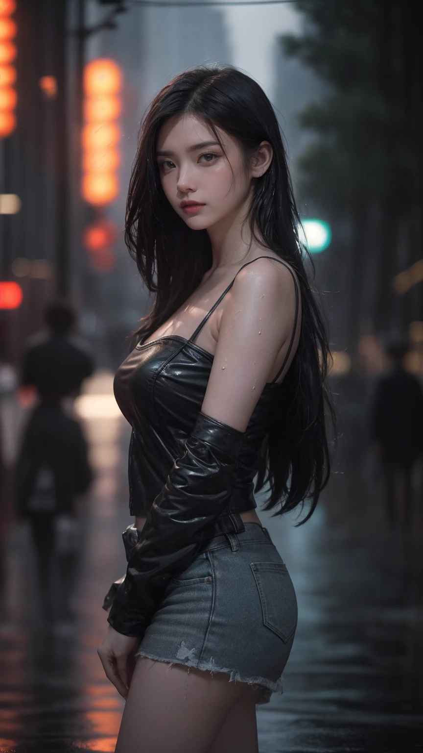 cinematic film, Realistic photograph,

1girl,solo,long hair,Rough skin,(looking at viewer:1.2),wet hair,micro_shorts,dark,polaroid,(depth_of_field:1.5),rainy days,outdoors,street,hair between eyes,moody lighting,Tyndall effect,Cinematic Lighting,night,lamppost,lens flare,available light,rim light,glowing neon lights,curvy,chinese_style,

,shallow depth of field, vignette, highly detailed, high budget, bokeh, cinemascope, moody, epic, gorgeous, film grain, grainy, 