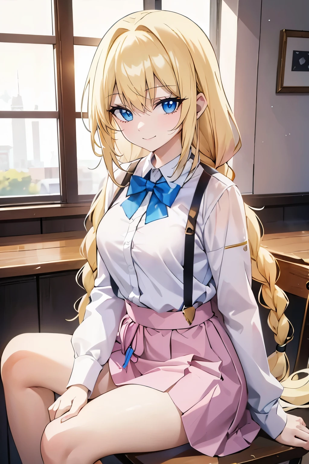 Safe for work, masterpiece, best quality, solo, 1 girl,   (young female body:1.4), ( medium breasts), golden yellow hair, extra long hair, bright yellow hair, blunt bangs, crystal blue eyes, very detailed eyes, sitting in a chair, elegant, smiling, cute girl, cowboy shot, coffee shop, restaurants background, ribbons, pink skirt, light pink skirt with suspenders, pink suspenders, white blouse, long sleeves, open buttons, big bow in hair, crossed legs, braided hair, long braid, one long braid over shoulder, braid over shoulder