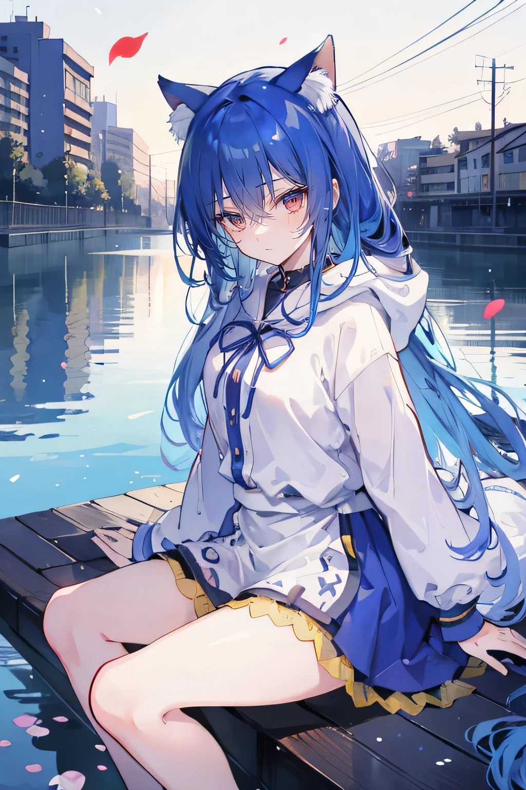 (masterpiece:1.2),Super detailed,lifelike,Expressive eyes,fair skin,perfect face shape,1 girl,
Japanese comics,Gorgeous blue hair,flowing blue hair,flowing clothes,Cat ears,Petals fall,beautiful lola,Baby Angel,
Shaking head with one hand,Cross your legs,smile, wearing hoodie, ,back views,snowing, winter,lie on the water,City Street Scene,winter。