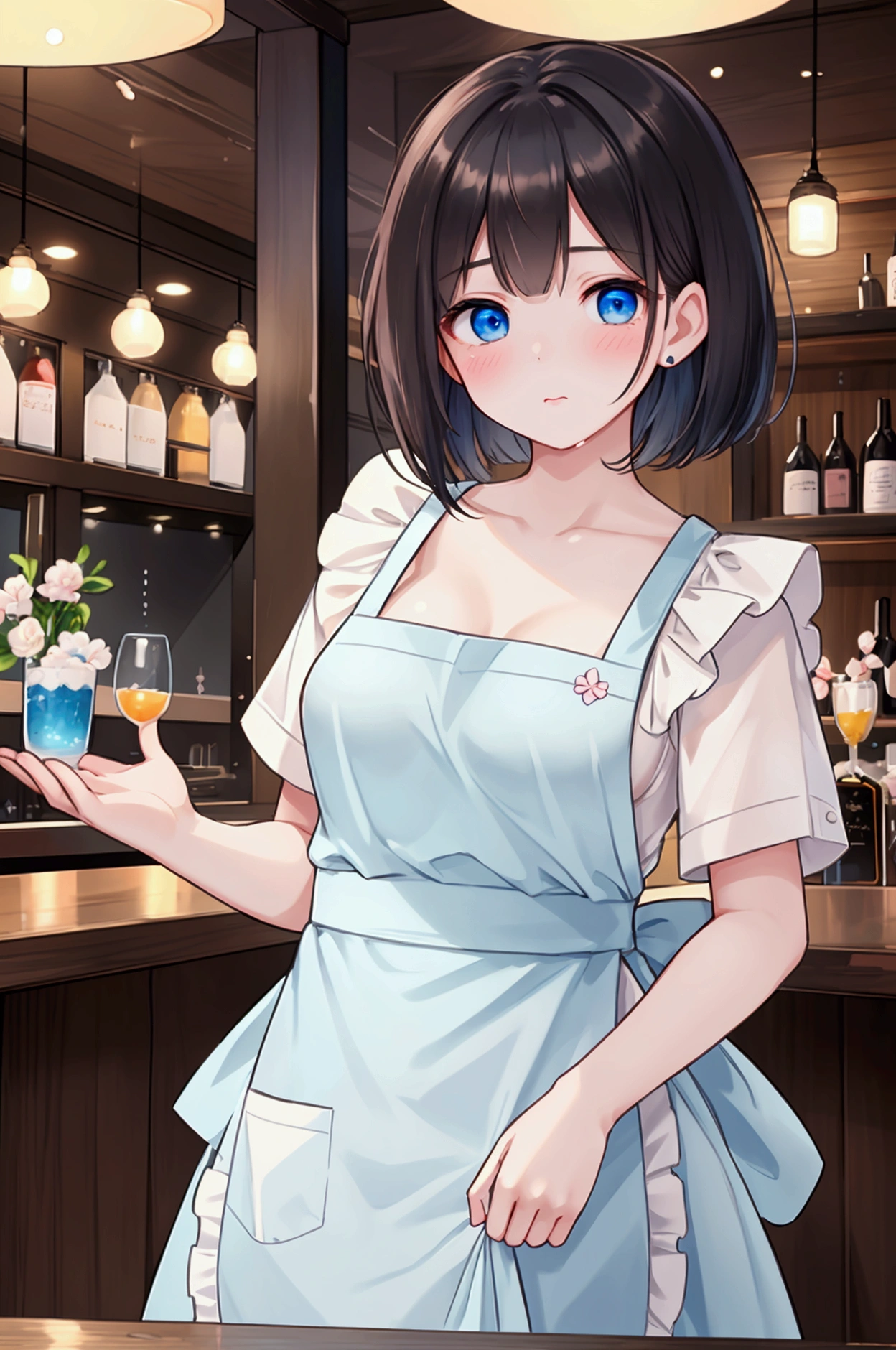 Photorealistic、Highest quality、Highest Resolution、Highest quality、16Ｋ、Beautiful woman working in a bar、Cute face、Delicate face、Bob cut hair、Dark Hair Color、Pale blue eyes、Beautiful breasts、I&#39;m tired、Tired face、Many customers、apron、