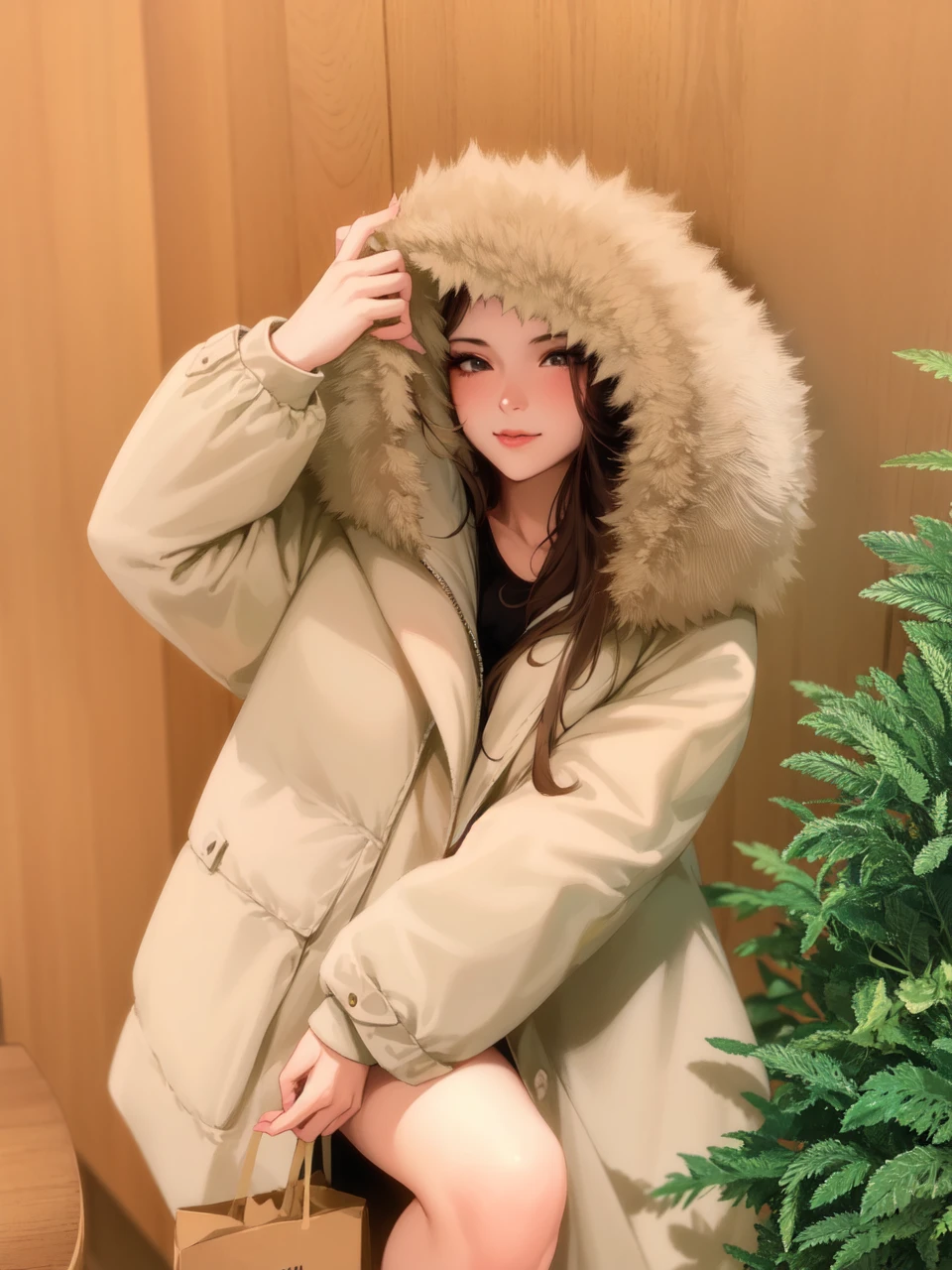 Beautiful girl wearing huge fur hood jacket