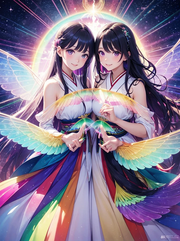 beautiful double Rainbows Sky, fairy, smile, rainbow-colored, transparent bird wings, blessing, delicate facial features, magical aura, floating in mid-air, feminine Japanese long black hair and purple eyes ethereal, sparkling furisode, vibrant colors, soft lighting, big flowerbouquet, roupa transparente