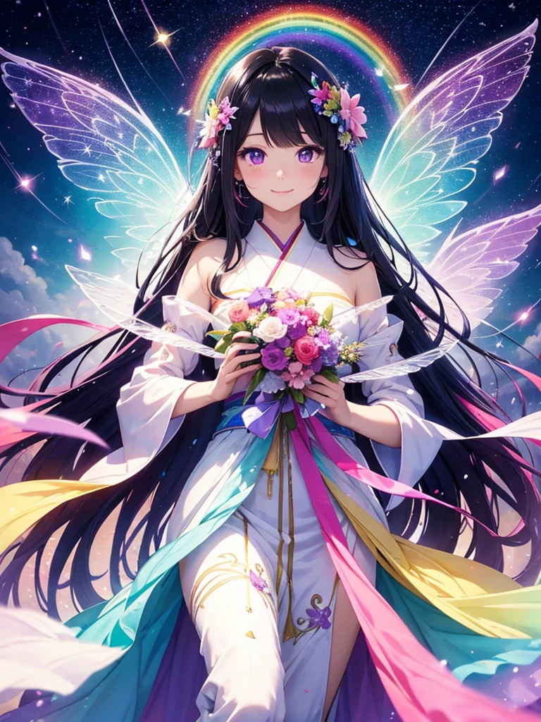 beautiful double Rainbows Sky, fairy, smile, rainbow-colored, transparent bird wings, blessing, delicate facial features, magical aura, floating in mid-air, feminine Japanese long black hair and purple eyes ethereal, sparkling furisode, vibrant colors, soft lighting, big flowerbouquet, roupa transparente