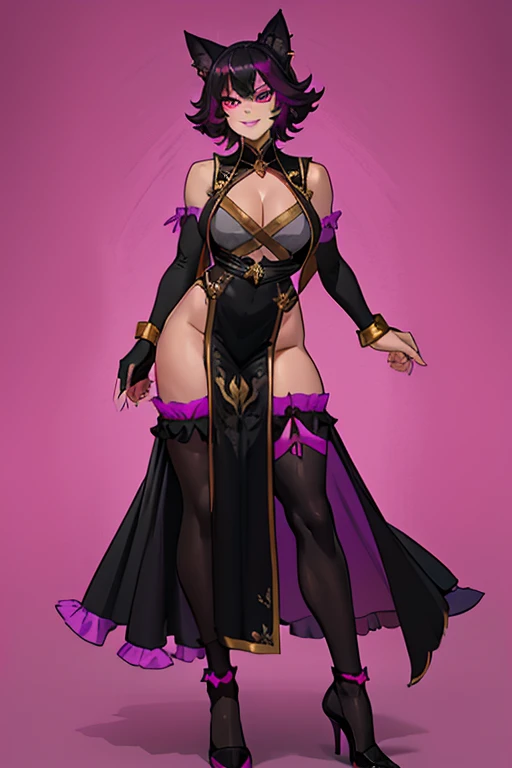 female, long black hair with magenta trim, silver eyes, wolf ears, wolf tail, (((1girl))), (((black sleeveless regal dress with magenta trim))), (black fingerless opera gloves), (black stockings), (black heels), (gold jewelry), cute and sexy, full body, large breasts, long legs, smiling