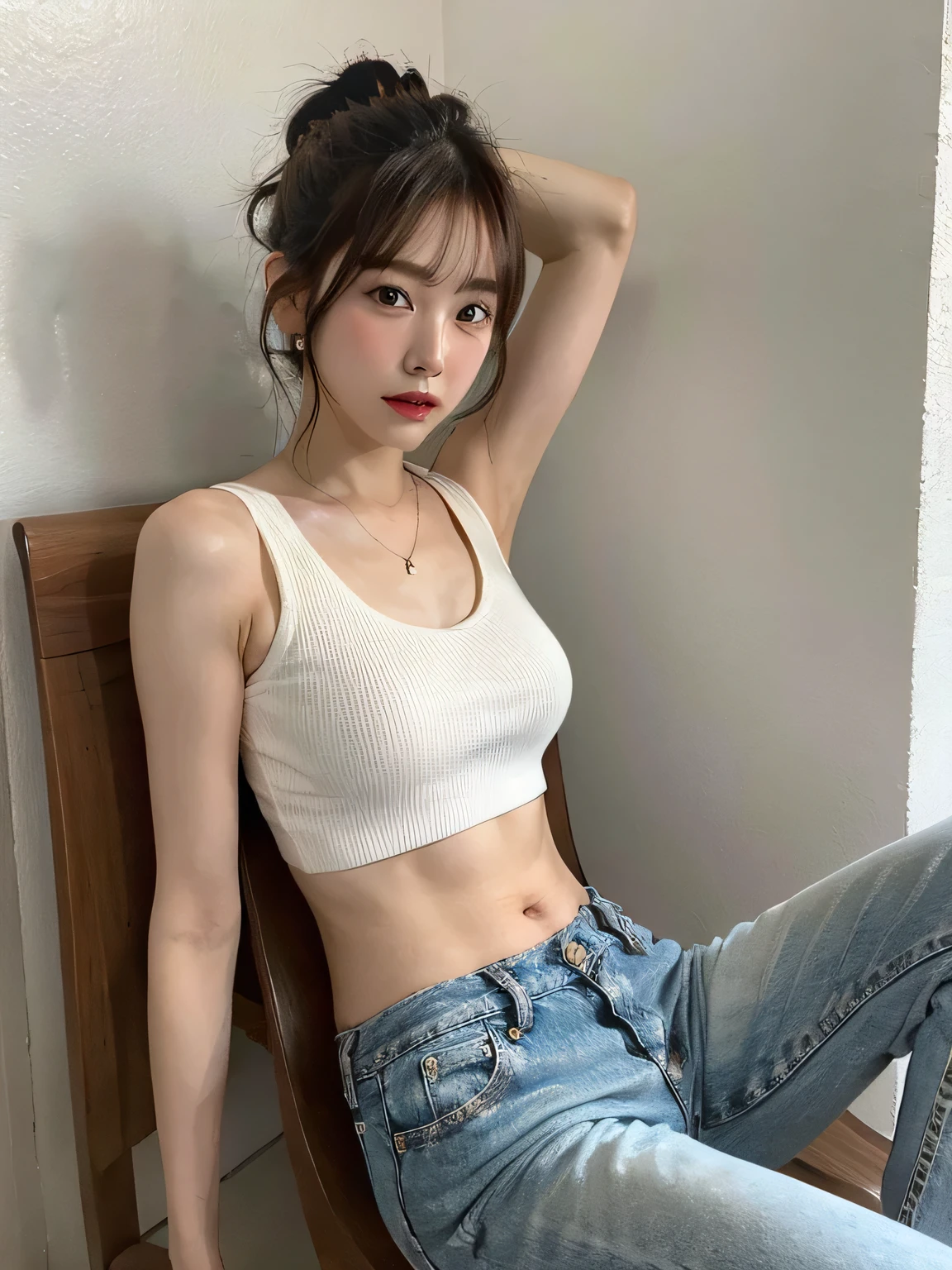 Top quality, one beautiful woman, wearing white tanktop and denimpants, 35mm lens, f/1, cowboy shot, (white background: 1.3), flat chest, sittingchair.