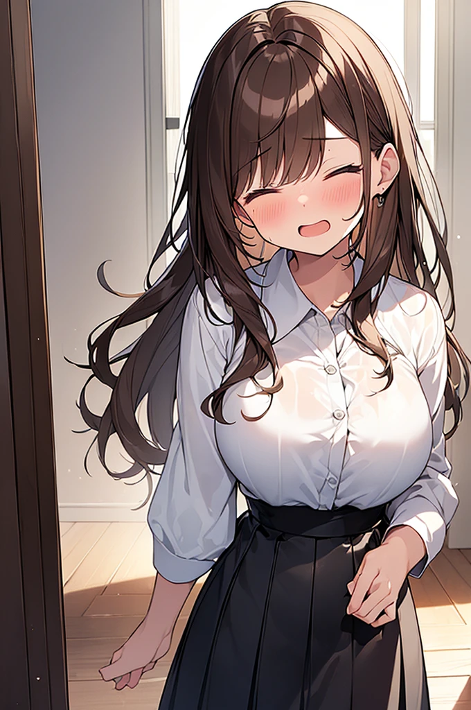 (Masterpiece, Top quality: 1.5) ,(1 girl, solo :1.2),  (large breasts:1.4), (cute design short-sleeved shirt, midi skirt:1.4), standard weight, (brown hair:1.4), (airy hair, wavy hair:1.3), long hair ,asymmetry bangs, swept bangs, 12 year old, smile:1.2, (flustered:1.4), beautiful scene of living room, dynamic pose, magnificent panorama view, wet:1.1, closed eyes, open mouth