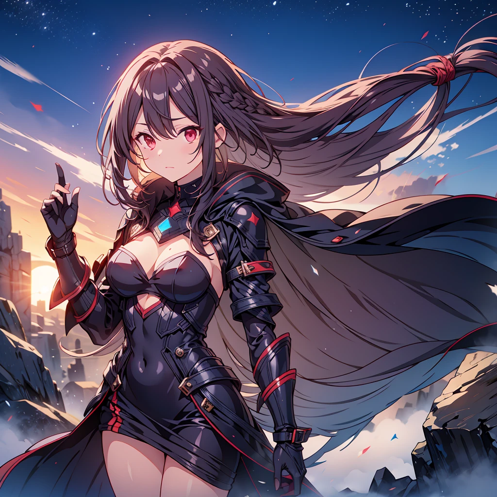 (((Fantasy Long Hair Dull red eyes))) ((There is a galaxy uniform Put on a coat without putting your arms through it Lonely despair)) ((tears gloves)) (((Broken glass))) (Distorted Space-Time star) Catch the wind autumn Shining Background Particles of light,