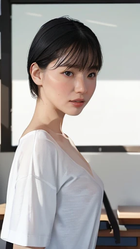 masterpiece, Highest quality, (Raw photo:1.3), Realistic, Upper body photo, Beautiful adult woman, Short black hair, A clean, symmetrical face, (White shirt, Small breasts:1.4), Intellectual, Neat and clean female teacher, classroom, blackboard