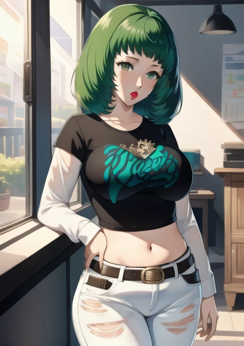 masterpiece, best quality, flayn, green hair, 1girl, solo, standing, black t-shirt, white shirt, jeans, belt, lipstick, large breasts