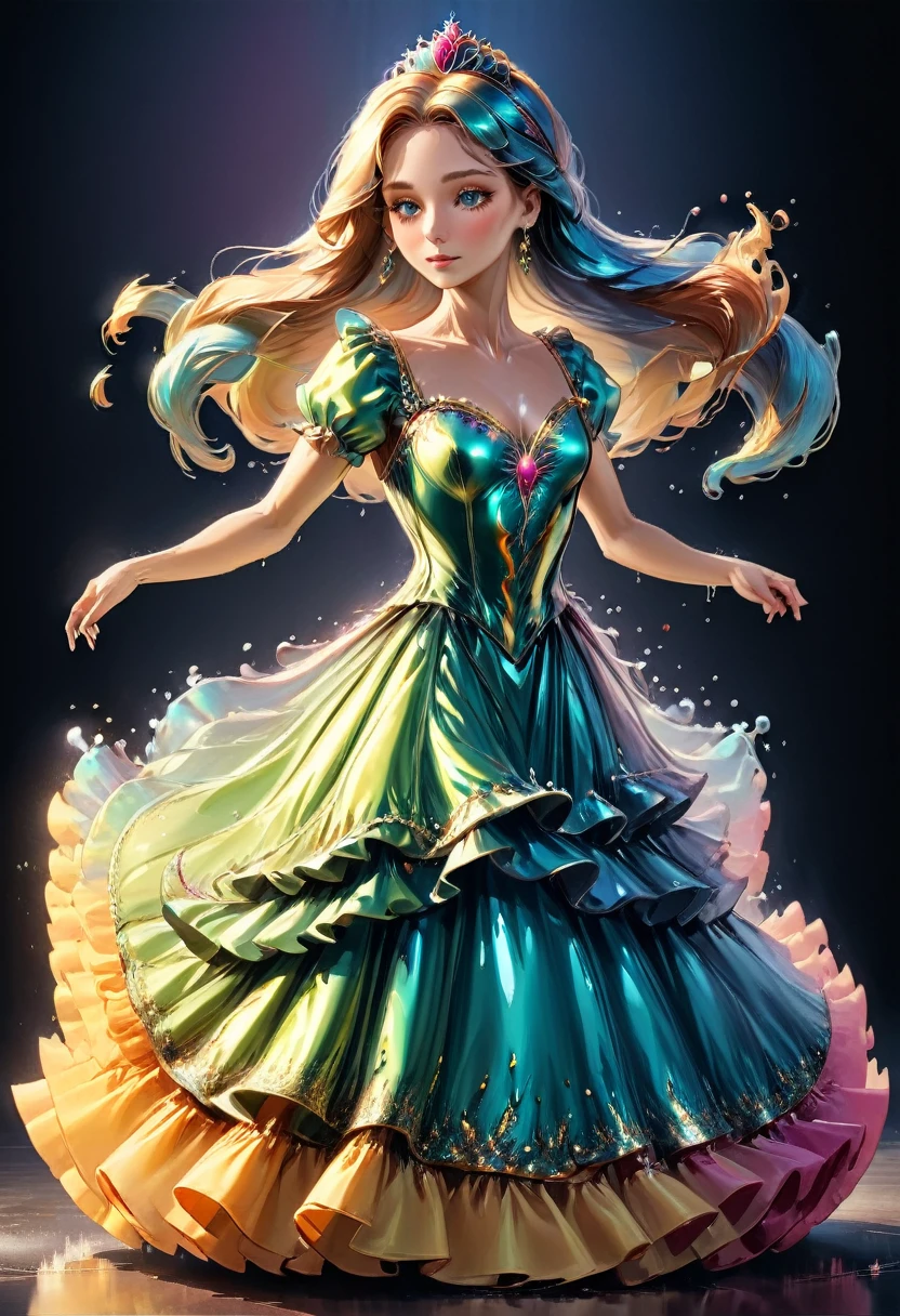 a ((liquid metal portrait: 1.5)) of woman ballroom dancer, a full body picture ((anatomically correct: 1.5)) ultra detailed face, dynamic hair color, dynamic hair style, dynamic skin complexion, best detailed face, of a exquisite beautiful female ballroom dancer, she is wearing a (colorful ballroom dress: 1.3), best detailed dress, colorful dress, multicores dress, royal fantasy ballroom background, LIQUID METAL, artxldnc, ba11g0wnת princess dress