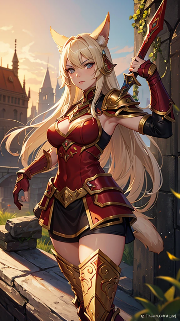 Warrior, blood elf, female, beautiful face, brown warrior armor, no helmet, cat ears on head, sword on hands, cats paw, world of warcraft, massive armor